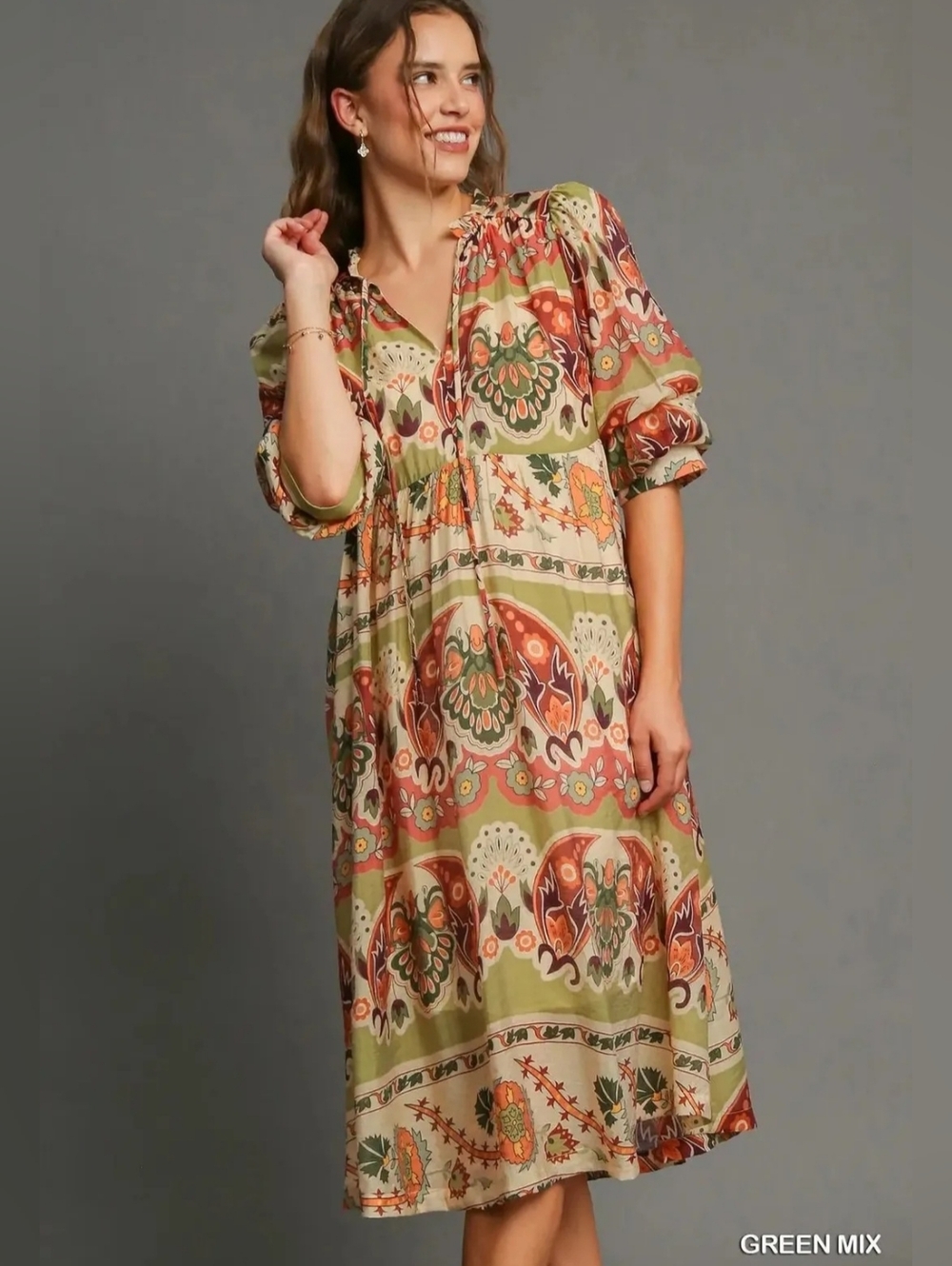 NWT Umgee Large Green Mix Floral Print Midi Dress - Picture 3 of 8